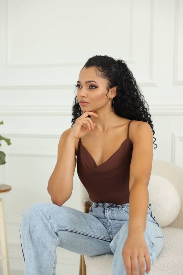 Degaje Yaka Saten Askılı Body Bordo - S