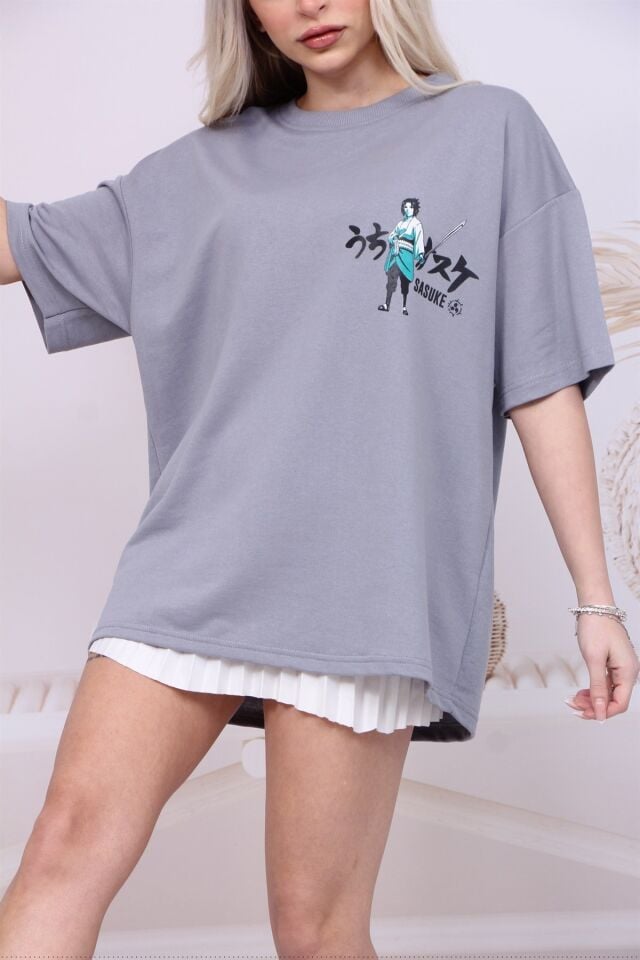 Kadın Oversize Sasuke Baskılı T-Shirt Gri - L