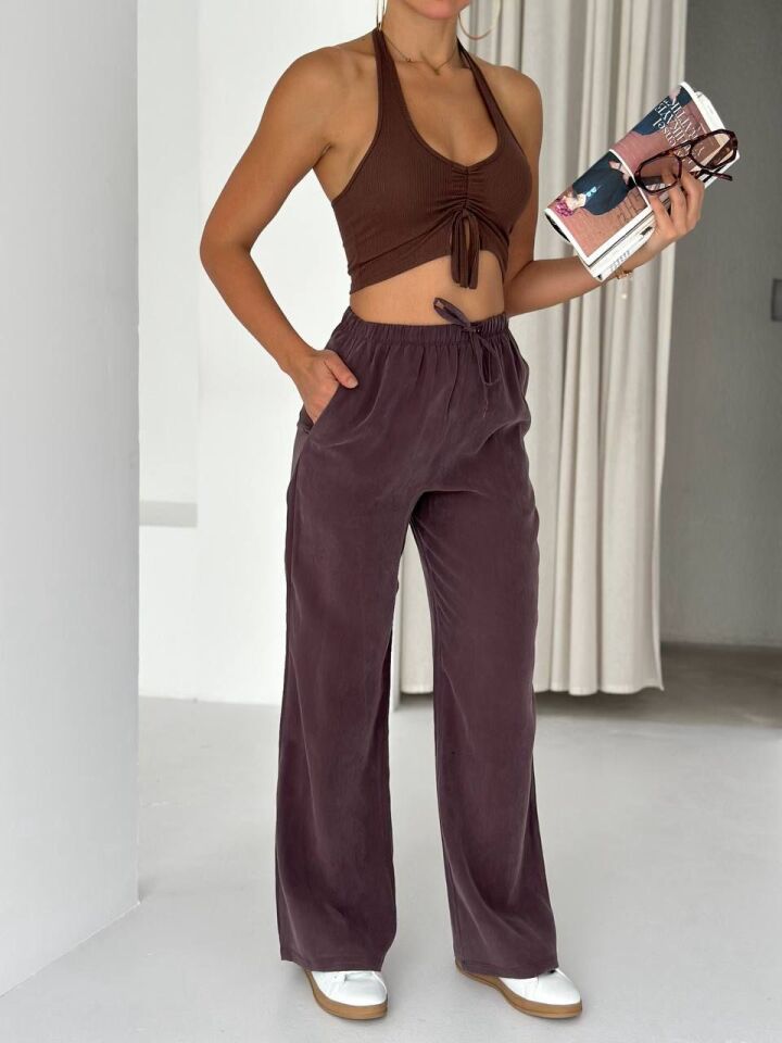 Orjinal Marka Tencel Kumaş Yüksel Bel Palazzo Pantolon Kahverengi - XL