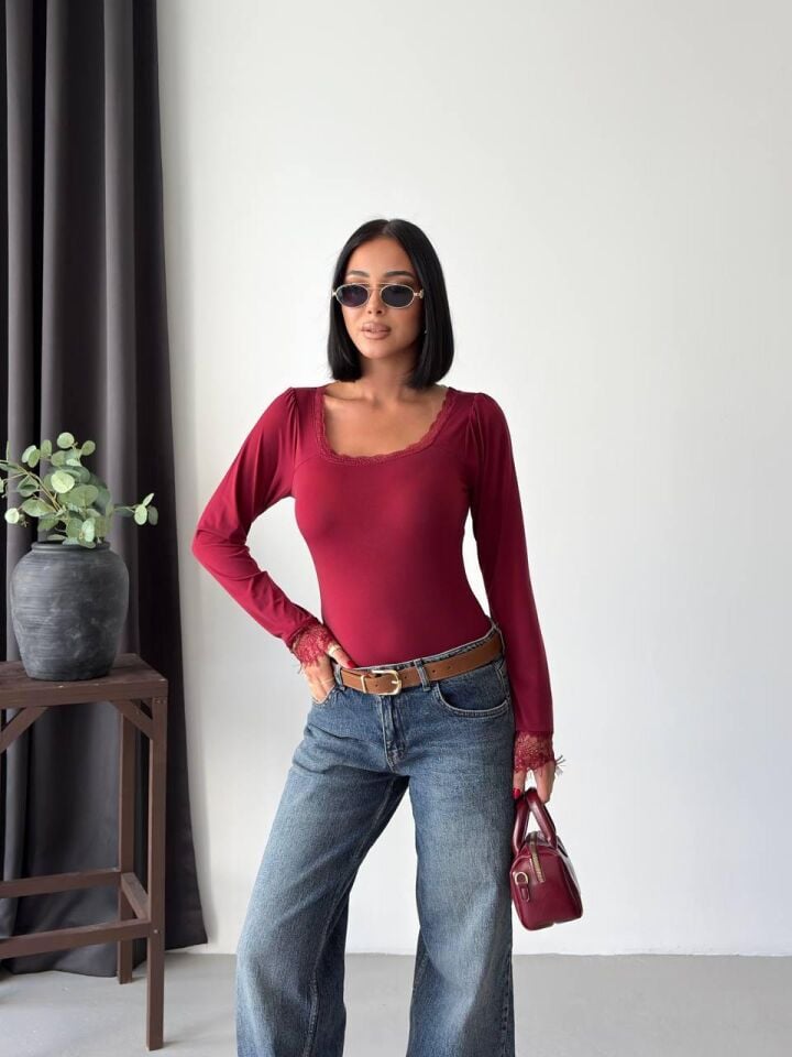 Kadın Dantel Detaylı Uzun Kollu Bluz Bordo - L